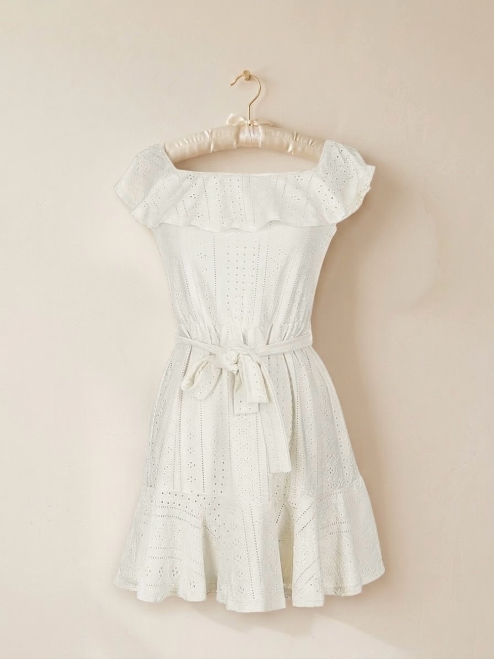 BCBGeneration White Eyelet Off-Shoulder Mini Dress with Waist Tie